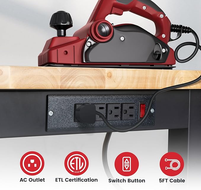 48 Inch Work Table for Garage Adjustable Height Rubber Wood Tabletop Workbench with Storage Work Bench Table with Power Outlets Pegboard Pad for Woodworking Shop Home Office