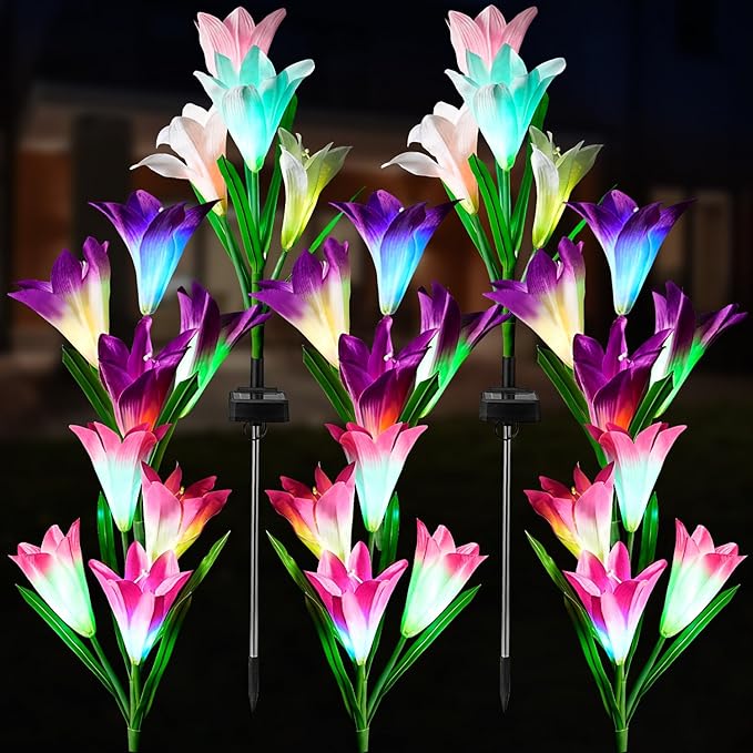 8 Pack Solar Garden Lights Outdoor, 7 Color Changing LED Waterproof Solar Powered Lily Flowers Landscape Lights for Outside Yard, Patio, Pathway Decorative, Décor
