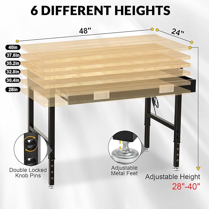 48" Workbench for Garage with Drawers Rubberwood Tabletop Work Table with Pegboard, Power Outlets Adjustable Height Work Bench for Office, Woodworking Shop, Home