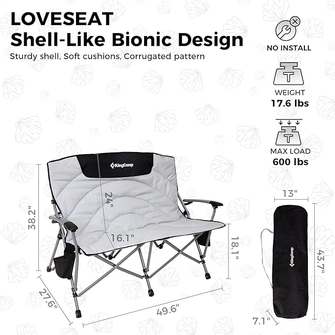 KingCamp Double Camping Chair, Oversized Heavy Duty Loveseat for Adults Portable Folding XL 2 Person Couch Padded Comfortable Two Seat with Cup Holder for Outdoor Lawn Backyard