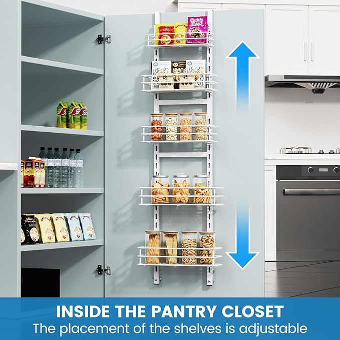 Adjustable 5-Tier Over the Door Pantry Organizer, Spice Rack, Narrow Hanging Shelf for Kitchen Storage and Organization (White)