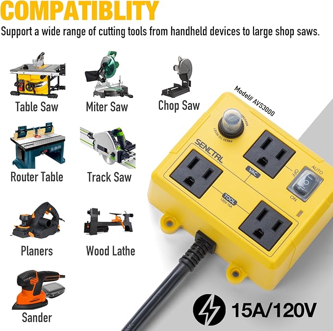 Automatic Vacuum Switch for Power Tools to Turn Dust Collector On and Off Automatically, Auto Switch for Woodworking Table Saw, Delay Shut Off Shop Vac, Safety Overload Circuit Breaker