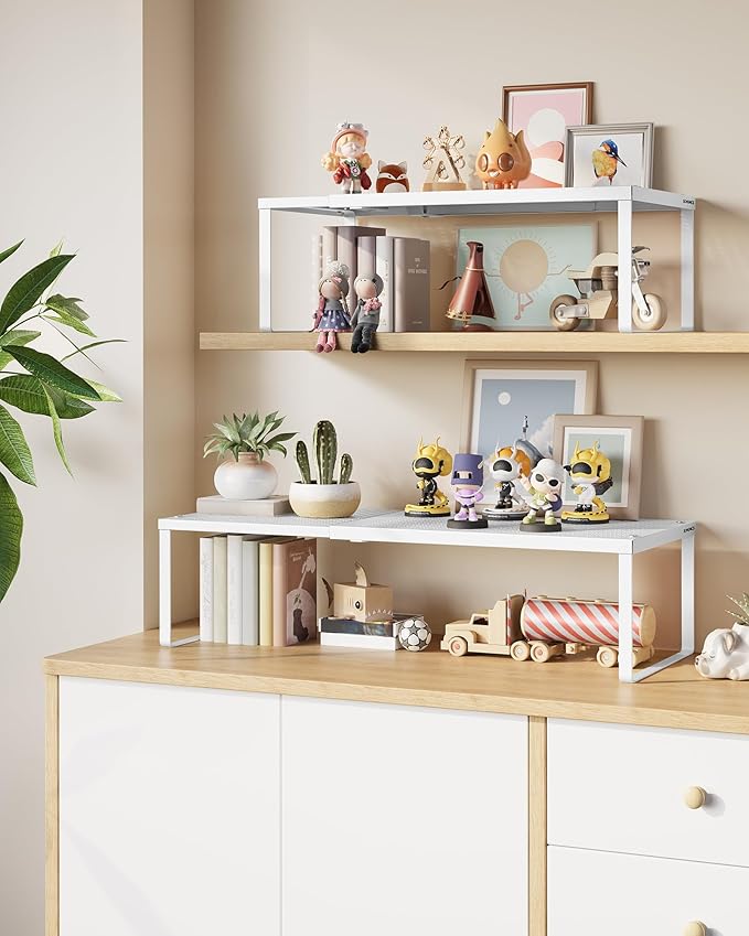 SONGMICS Spice Racks, Set of 2 Expandable Kitchen Countertop Shelves, Small Cupboard Organizers, Metal, Space-Saving Tabletop Shelves, Matte White UKCS402W01