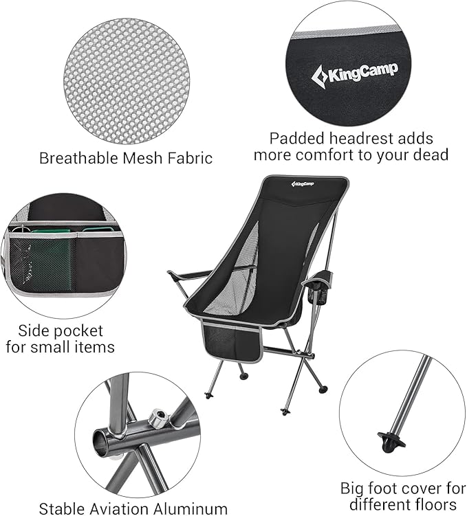 KingCamp Compact Camping Chair with Armrest Ultralight High Back Backpacking Chairs for Adults Lightweight Folding Chair Heavy Duty Support 265 Lbs Portable for Traveling, Lawn, Festival, Black