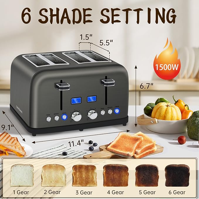SEEDEEM Toaster 4 Slice, LCD Display, 6 Shade Settings, 1.5'' Wide Slots, Digital Stainless Toaster for Bagel, Defrost, Reheat, Dual Control, Removable Crumb Tray, 1500W, Dark Metallic