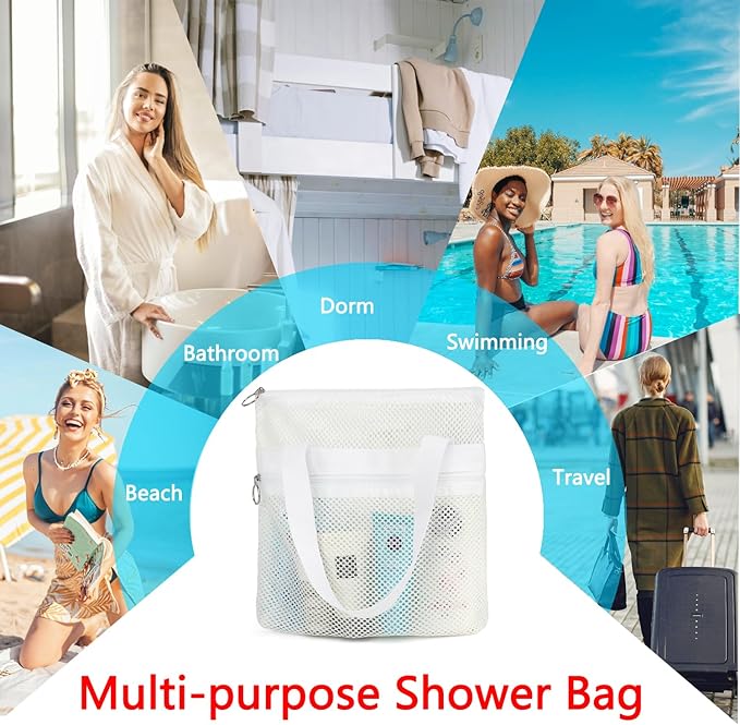 Mesh Shower Caddy Portable with Zipper & 2 Pockets - Quick Dry Shower Caddy Hanging for Travel Gym Camp Beach - Bathroom Organizer Bag Essentials for College Dorm