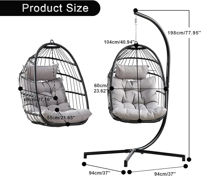 PRIVATE GARDEN Indoor Outdoor Hanging Egg Chair Wicker Hammock Swing Chairs UV Resistant Cushion Folding Aluminum Basket Frame for Bedroom Balcony Patio 330lbs Capacity
