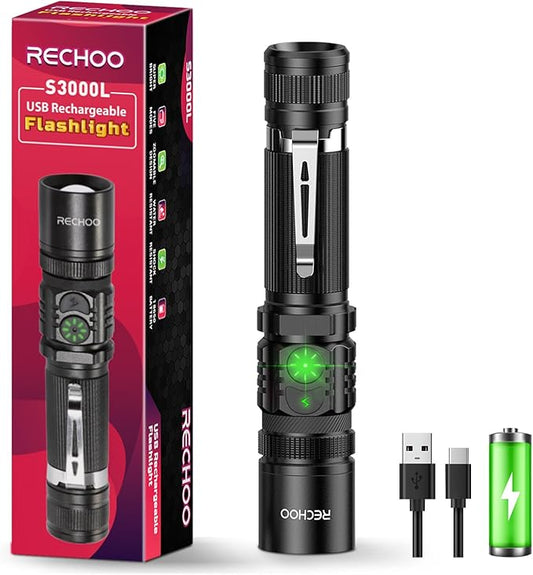 RECHOO Rechargeable Flashlights High Lumens, Double Switch S3000L LED Flashlight, Super Bright 5 Modes Zoomable Waterproof EDC Flashlights for Home, Emergncies, Camping(Battery Included)