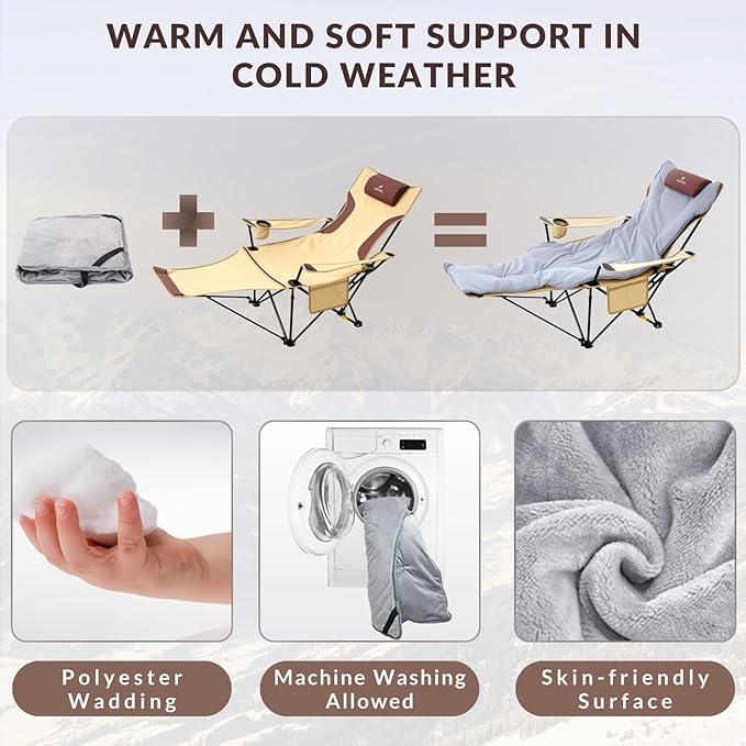 Reclining Camping Chair with Removable Footrest, 4-Position Adjustable Lightweight Folding Lounge Beach Chair with Cotton Cushion, Cup Holder & Storage Pouch for Outdoor(330lbs Capacity), Khaki