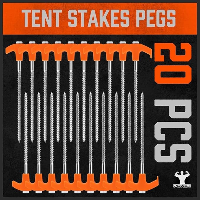 HORUSDY 26 Pack 20CM / 8-Inch Heavy Duty Tent Stakes Awning Pegs Camping Stakes with with 4x13ft Rope & 1 Stopper T Pull Hook