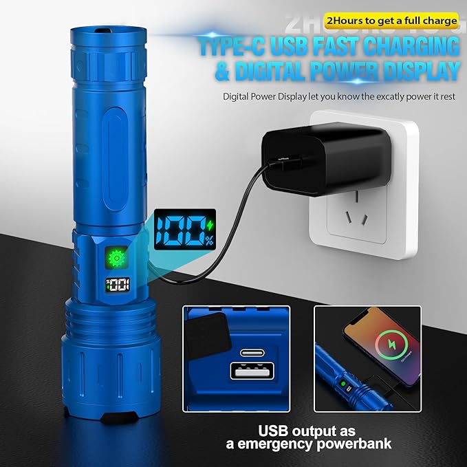 Rechargeable Tactical Flashlights High Lumens - 1500 Meters Long Beam Super Bright LED Flash Light with Power Display & IPX5 Waterproof for Camping, 20H Runtime,5 Modes,Zoomable Handheld Flashlight