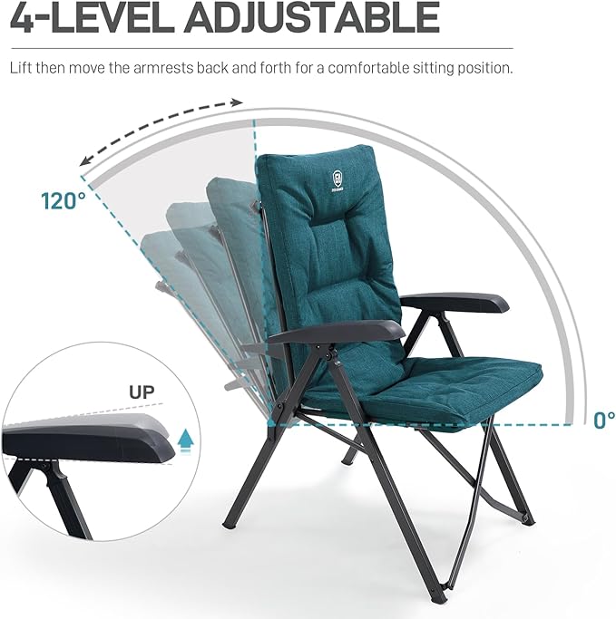 EVER ADVANCED Folding Camping Recliner Chair Fully Padded with Adjustable High Back Support Portable for Adults Patio Reclining Chair Green