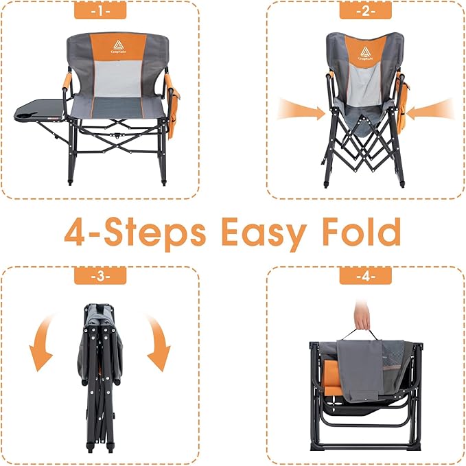 Wide Folding Director Chair with Table, Outdoor Camping Chair for Adults with Cup Holder Load 330 Lbs, Portable Lightweight Chair for Outside with Carry Bag for Patio, Orange-2Pack