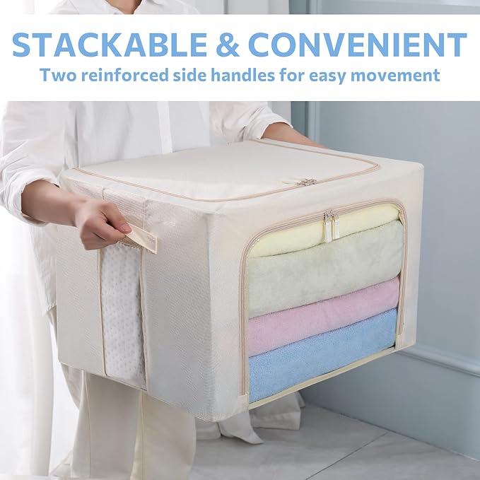 3Pack Frame Storage Box - Clothes Storage Bin Bags Oxford Fabric Foldable Stackable Container Organizer Set with Clear Window & Carry Handles Large Capacity (Beige, Large-66L)