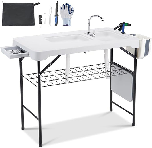 Dragosum 42'' Outdoor Fish Cleaning Table Portable Camping Sink Station with Double Sinks, Collapsible Swivel Faucet, Picnic Sink Table for Picnic Beach Patio