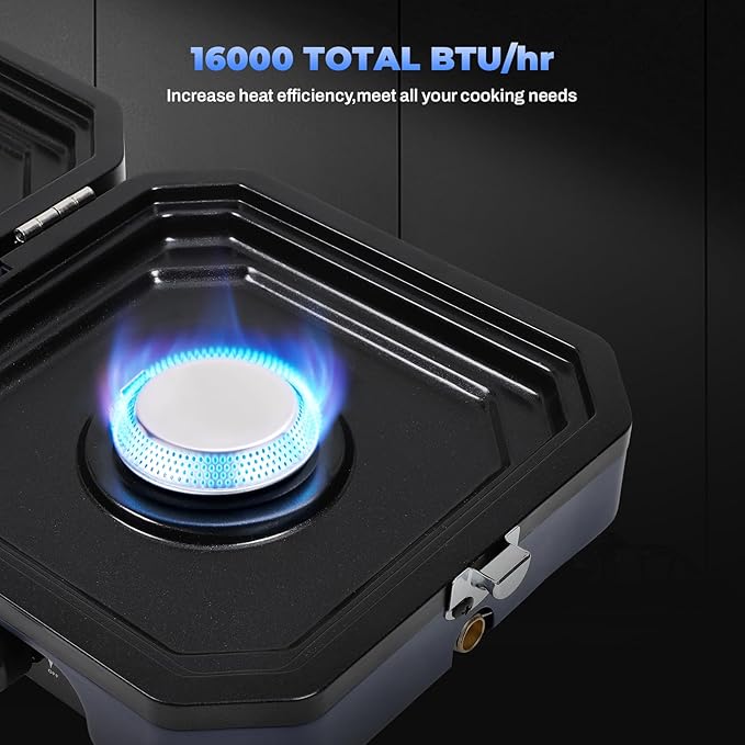 2-Burner Foldable Camping Stove with Griddle and Carrying Bag，16000 BTU Portable Propane Camp Stove with 2 Adjustable Burners & Piezo Ignition, for Camping, Home Backyard, Frying Turkey, Blue