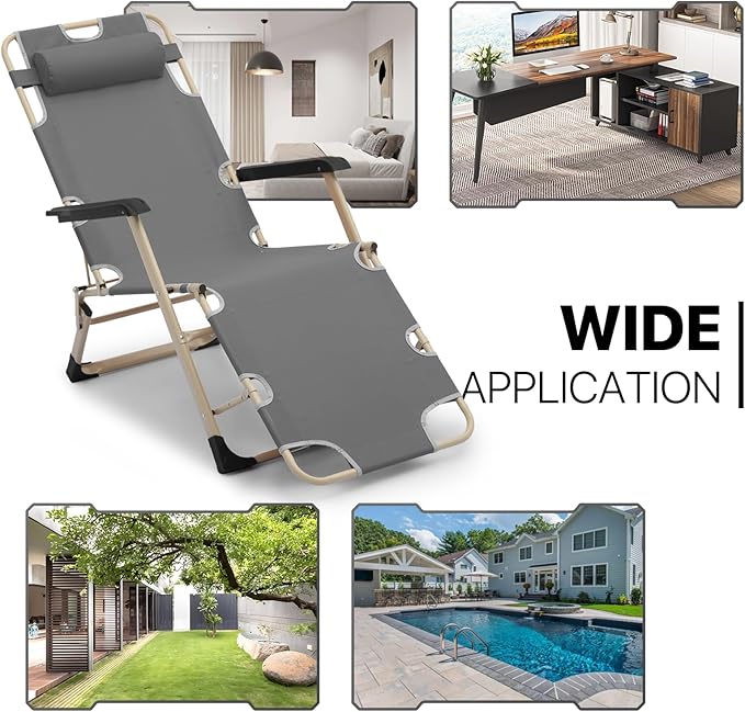 MoNiBloom Patio Lounge Chair Set of 2 Folding Lawn Lounger Outdoor Camp Reclining Chair with Adjustable Headrest for Garden Yard Pool Side, 330lbs Capacity