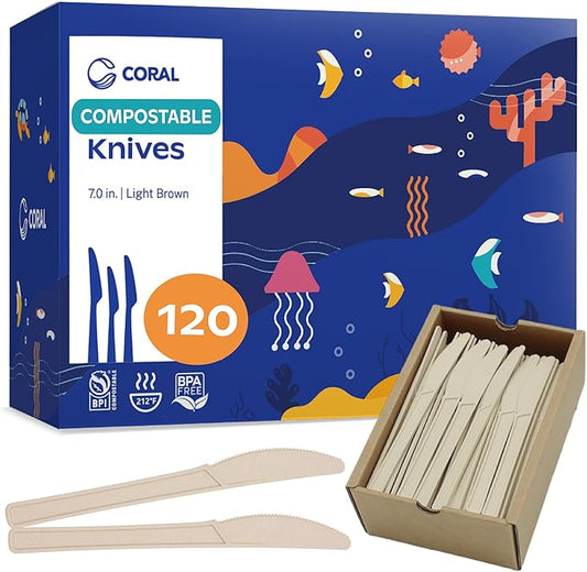 CORAL Light Brown 100% Compostable Knives - 120 Heavy Duty No Plastic Knives (7.0 inch) - Break Resistant with Smooth Edges, Ocean Friendly Alternative to Plastic Silverware - Biodegradable & Disposable Knives