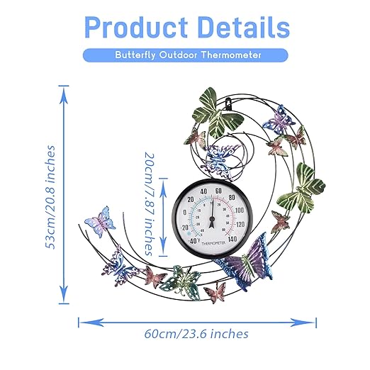 Butterfly Outdoor Thermometer, Metal Outdoor Wall Thermometer No Need Battery, Indoor Outdoor Thermometer Large Wall Art Decor for Patio, Garden, Living Room