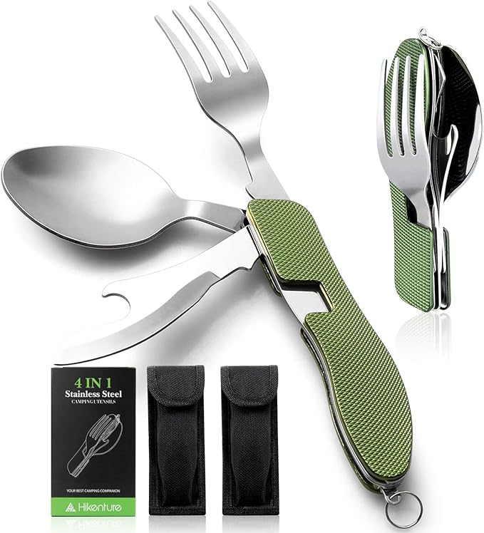 HIKENTURE Camping Utensils 2 Pack, 4-In-1 Stainless Steel Spoon Fork Knife Set Backpacking Travel Cutlery Metal Multitool Boy Scout(Green 2pack)
