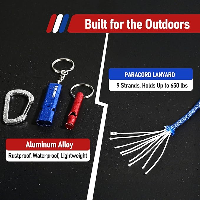 Emergency Whistle Set – 6 Aluminum Whistles, 3 Paracord Lanyards, 3 Carabiners for Camping, Hiking, Fishing, Hunting & Survival. Loud Safety Rescue Signaling for Marine Boat Lifeguard