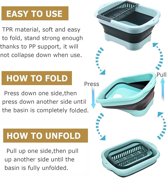 2.77 Gallon (10.5L) Collapsible Dish Basin with Drain Plug, Outdoor Multiuse Foldable Sink Tub, Dishpan, Wash Basin, Portable Kitchen Storage Tray for Camping, RV, Beverage Bucket (Green)