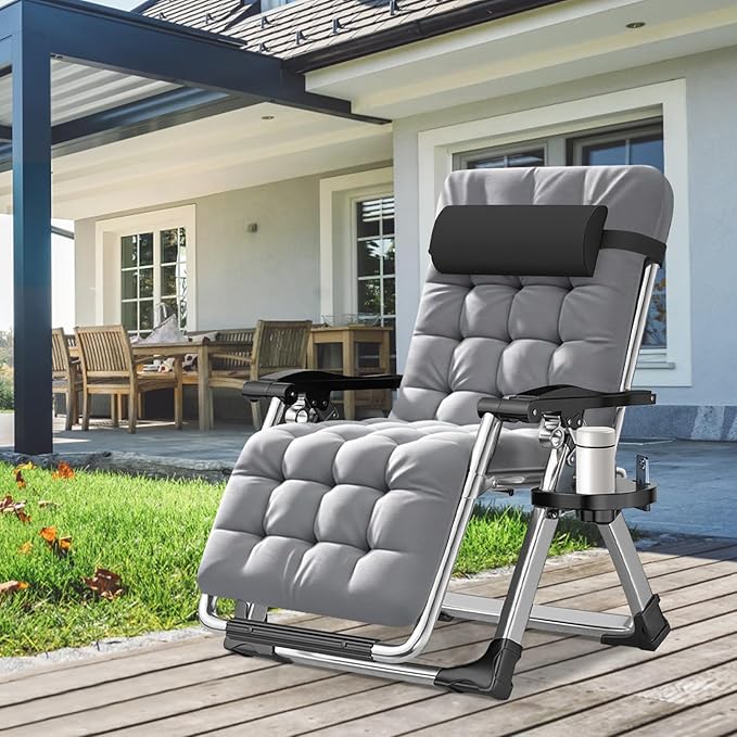 ABORON Zero Gravity Chair,Premium Outdoor Lawn Folding Lounge Chairs,Sturdy Adjustable Reclining Patio Chairs with Removable Cushion,Headrest & Tray