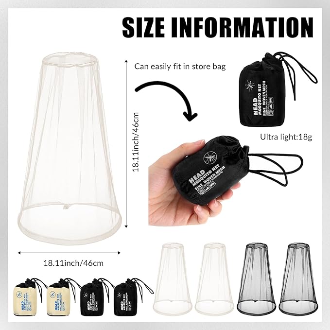 HESTYA 4 Pack Mosquito Head Net Face Mesh Protecting Net for Outdoor Hiking Camping Climbing Mosquito Fly Insects Preventing(Black, Beige)