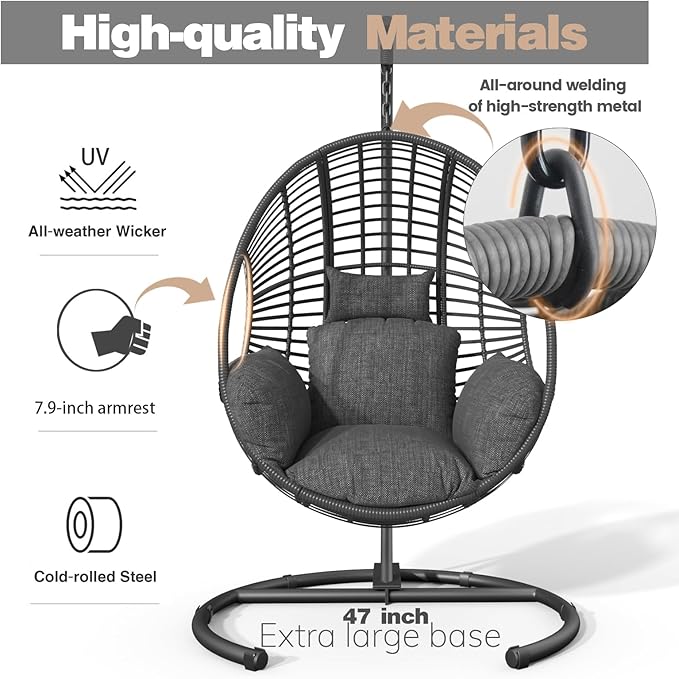 Oversized Hanging Egg Chair Outdoor Wicker Swing Chair with Stand Rain Cover UV Resistant Cushion 400lbs Capacity for Patio, Garden and Balcony