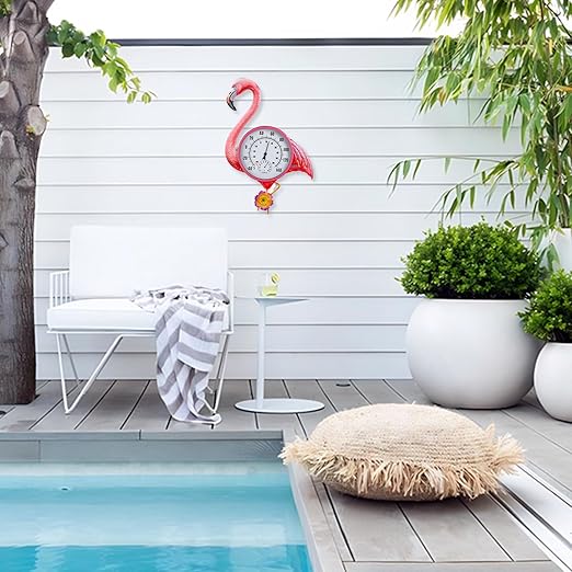 Large Outdoor Thermometer, Flamingo Wall Thermometer Hygrometer No Need Battery, Retro Sun Outside Thermometer Decoratibve for Backyard, Garden, Living Room