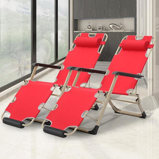 MoNiBloom Set of 2 Folding Reclining Patio Chairs, 3-Position Patio Lounger Folding Chairs with Footrest for Backyard Poolside Lawn, Red, 330lbs Capacity