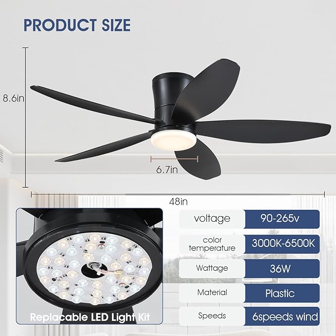 48" Ceiling Fans with Lights-Low Profile Ceiling Fan with Light and Remote/APP Control,Flush Mount,DC Reversible,LED Dimmable Blakc Ceiling Fans for Bedroom,Indoor/Outdoor Patio Use