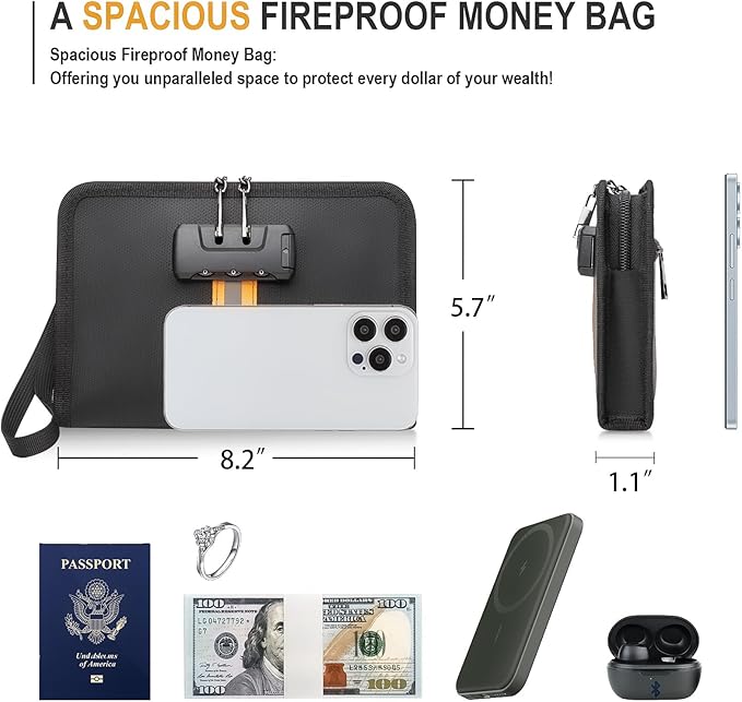 Fireproof Money Bag,Money Bag with Lock and Zipper,Safe Fireproof Waterproof,Suitable for Cash, Mobile Phones, Keys, Credit Cards
