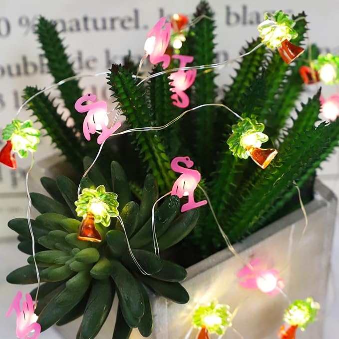 Flamingo&Palm Tree Fairy Lights 30 LED Copper String Lights with Remote Control & Battery Operated Flamingos Lights for Christmas, Summer Tropical Beach Hawaiian Decor