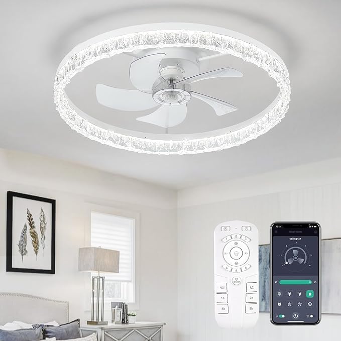 Ceiling Fans with Lights, 24 Inch Ceiling Fan with Light and Remote, Low Profile Reversible White Fandelier Ceiling Fan, Dimmable LED, Flush Mount, DC Motor, for Bedroom, Kitchen, Office