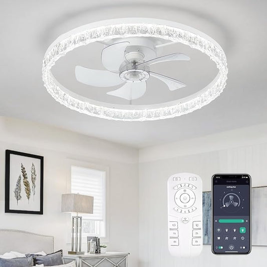 Ceiling Fans with Lights, 24 Inch Ceiling Fan with Light and Remote, Low Profile Reversible White Fandelier Ceiling Fan, Dimmable LED, Flush Mount, DC Motor, for Bedroom, Kitchen, Office