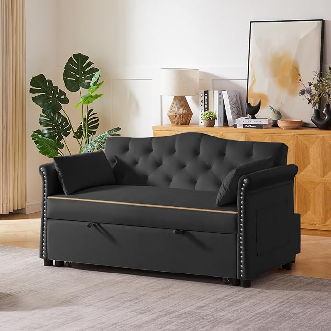 57" Velvet Pull-Out Sofa Bed, 3-in-1 Convertible Loveseat with Gold Trim Strips and Adjustable Backrest, Perfect for Living Rooms, Offices and Apartments (Black)