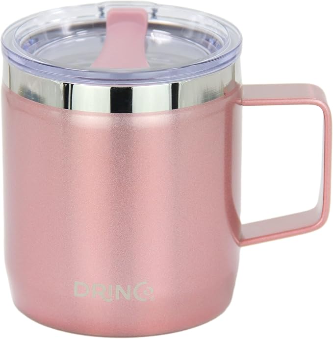 Drinco 16 oz Coffee Mug, Vacuum Insulated Camping Mug with Lid, Double Wall Stainless Steel Travel Mug Insulated Tumblers Coffee Mugs Coffee Cups Tea Cup (14oz Bling Rose Gold)