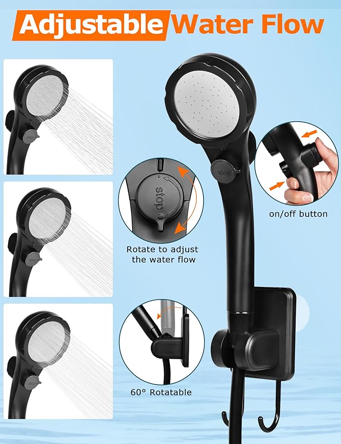 innhom Portable Shower for Camping, 6000mAh Rechargeable Camping Shower with LED Display, 2 Mode Electric Outdoor Camp Shower Pump for Hiking, Travelling, Washing, Grey