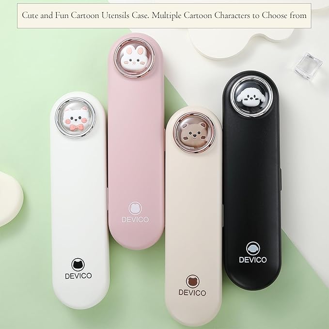 DEVICO Travel Utensils with Case Cute, Reusable Silverware for Lunch, Portable Cutlery Set, 18/8 Stainless Steel Fork Spoon Chopsticks in Cartoon Case, Dishwasher Safe (Light Yellow)