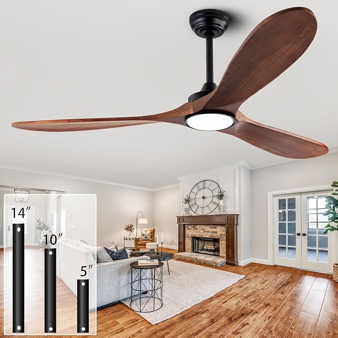 60" Wood Ceiling Fans with Lights and Remote Control,Indoor Outdoor 3 Blades Wooden Ceiling Fan for Garage,Patio,Living Rooms,Bedrooms,Offices,Farmhouse(Black+Dark Walnut)