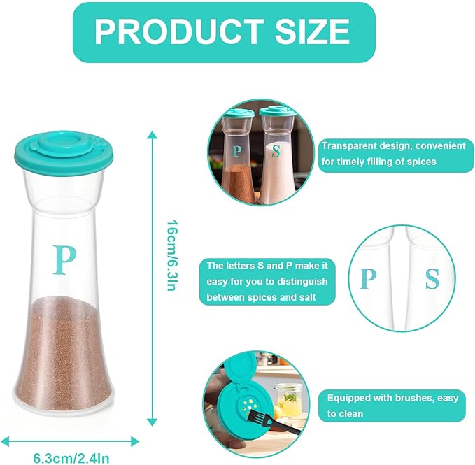 Set of 2 Clear Salt and Pepper Shakers, Plastic Spice Jars with Colorful Lids, Leakproof Moisture-Proof for Home Kitchen Restaurant, Camping, Travel, Picnic (Light Green)