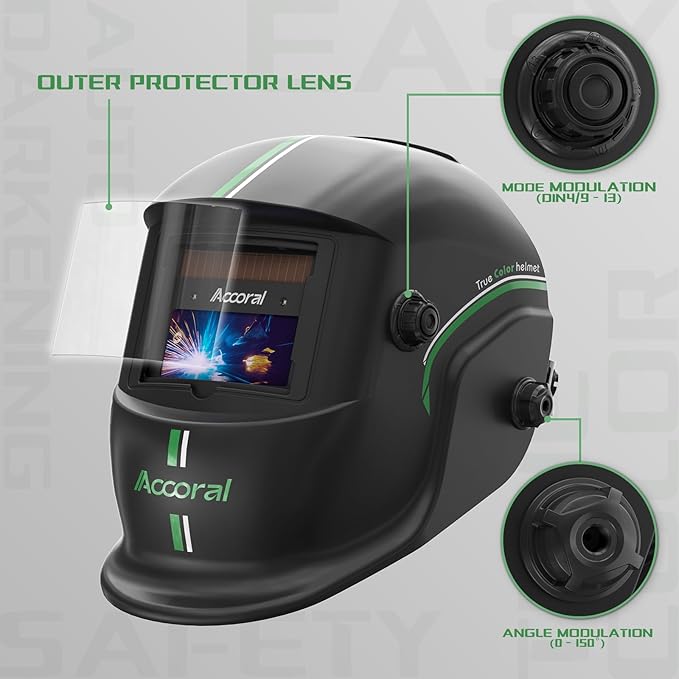 1/1/1/1 Large Viewing Auto Darkening Welding Helmet True Color Solar Powered Weld Hood Wide Shade 4/8.5-12.5 for TIG MIG Arc LYG 850BS