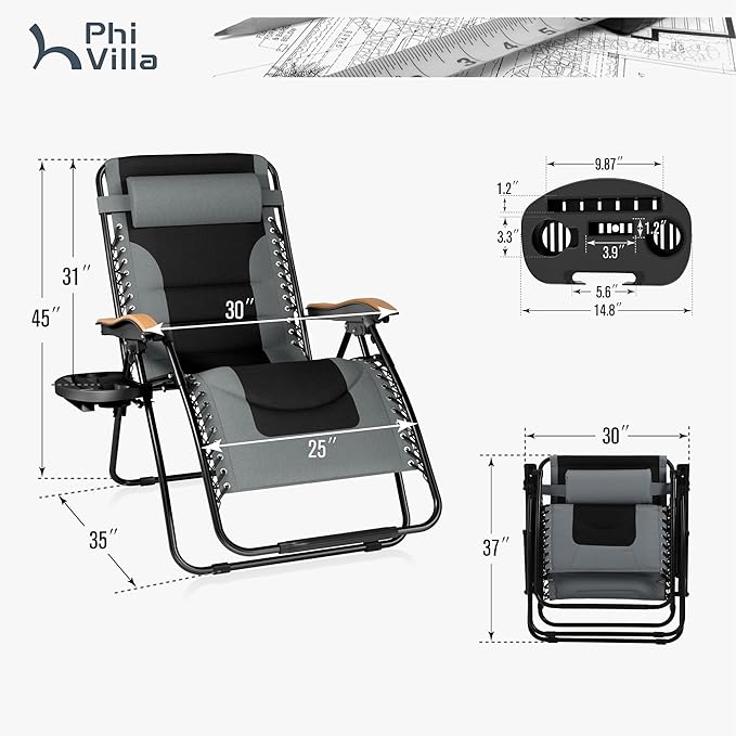 PHI VILLA XXL Oversized Padded Zero Gravity Chair, Foldable Patio Recliner, 30" Wide Seat Anti Gravity Lounger with Cup Holder, Set of 2, Support 400 LBS (Gray)
