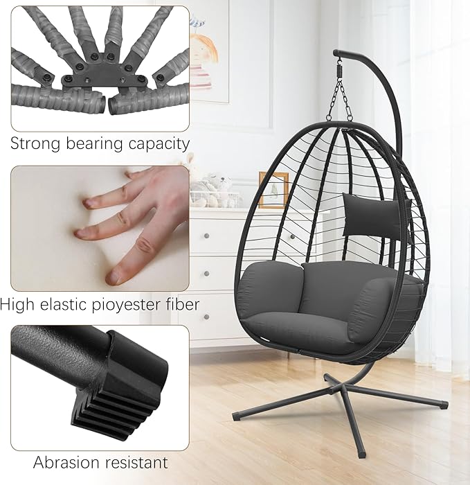 Hanging Egg Chair with Stand, Outdoor Indoor Egg Swing Chair with Cushion Headrest for Patio, Porch, Balcony, Bedroom, 350LBS Capacity (Black)