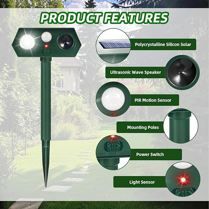 4 Pack Ultrasonic Solar Animal Repellent Cat Deterrent Outdoor,Deer Repellent with Motion Sensor Strobe Light,Waterproof Animal Repeller for Raccoon Squirrel Rabbit Dog Skunk,Yard Garden Protection