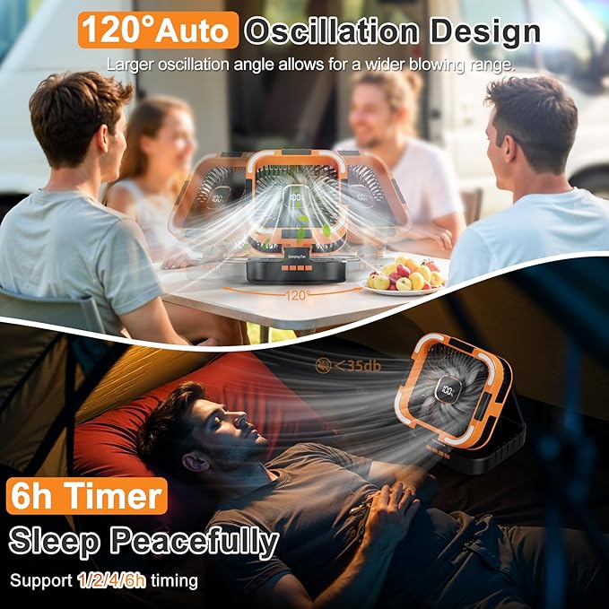 Portable Camping Fan with Solar Panel, 10000mAh Solar Powered fan, 6 Speed Levels, 120° Oscillation, 3 Light Modes, 6H Timer, Handle, Foldable Rechargeable Outdoor Fan for Tent, Hiking, Beach