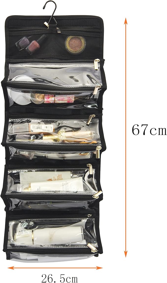 Large Capacity Hanging Eco Polyester Travel Toiletry Bag Makeup Cosmetic Bag 4-in-1 Roll-Up Make Up Storage Organizer With 4 detachable Removable Zipper Clear TPU Pouches & Hook