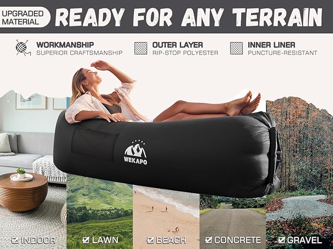 WEKAPO Inflatable Couch with Pump - Easiest Setup, Crazy Comfy & Ultralight - Blow up Lounger Chair Perfect for Hiking, Camping, Beach, Festivals - Lightweight Air Sofa for Relaxing Anywhere (Black)