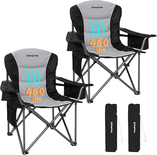 KingCamp Oversized Camping Folding Chair, Heavy Duty 450 LBS with Lumbar Support, Padded seat with Cup Holder&Cooler Bag, Ideal for Camp, Fishing, Sports Event, Backyard, Patio, Lawn
